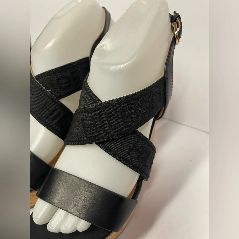 Tommy Hilfiger kezno vegan Black Wedge Sandals heels crisscross cork 6.5